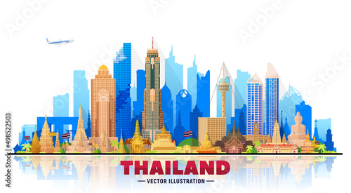 Thailand cities skyline silhouette vector illustration on white background. Business travel and tourism concept with famous Thailand landmarks. Image for presentation, banner, website.