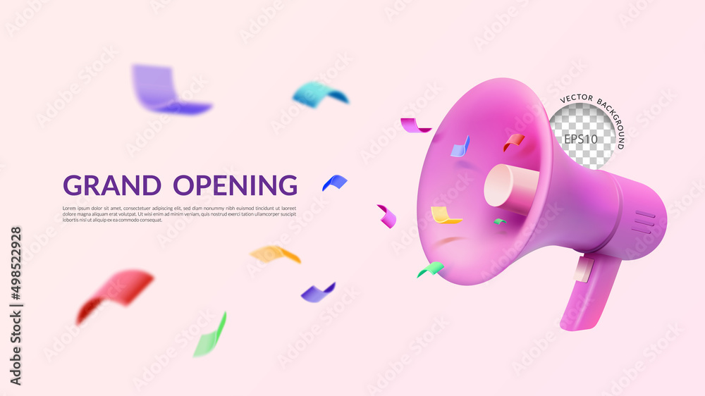 Grand opening banner, 3D pink megaphone with confetti, Vector illustration - obrazy, fototapety, plakaty 