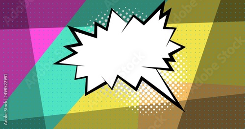 Digital composite image of blank white speech bubble against multi colored background