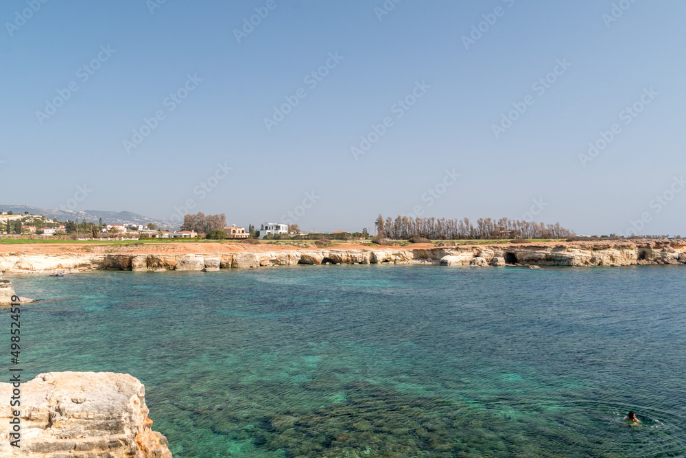 Landscape view on rocky coastline in Cyprus.