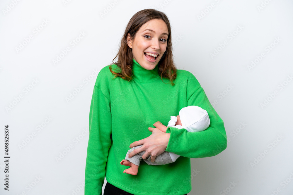 Young caucasian woman with her cute baby isolated on white background with surprise and shocked facial expression Young caucasian woman with her cute baby isolated on white background with surprise and shocked facial expression