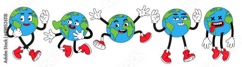 Fototapeta Naklejka Na Ścianę i Meble -  Earth characters in trendy retro cartoon style. Funny globe with smiley face.