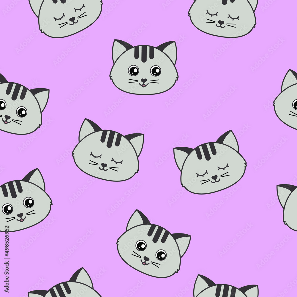 Cartoon cats pattern, grey cats and purple background