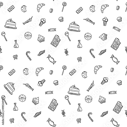 Seamless pattern with sweets. Doodle vector with sweets icons on white background. Vintage sweets illustration, sweet elements background for your project, menu, cafe shop