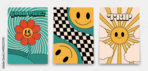 Collection of bright groovy posters 70s. Retro poster with psychedelic landscapes with flowers and sun, vintage prints, isolated