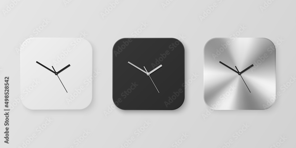 Vector 3d Realistic White, Black and Slver or Chrome Steel Wall Office Clock Icon Set Isolated. Design Template of Wall Clock Face Closeup. Mock-up for Branding and Advertise. Front View Vector 3d Realistic White, Black and Slver or Chrome Steel Wall Office Clock Icon Set Isolated. Design Template of Wall Clock Face Closeup. Mock-up for Branding and Advertise. Front View