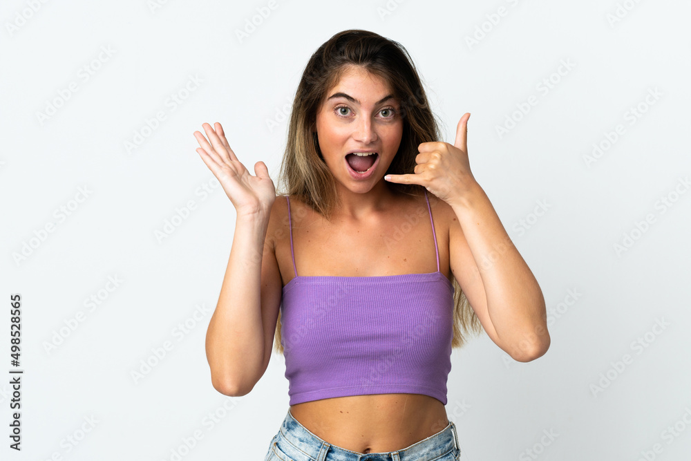 Young caucasian woman isolated on white background making phone gesture and doubting Young caucasian woman isolated on white background making phone gesture and doubting