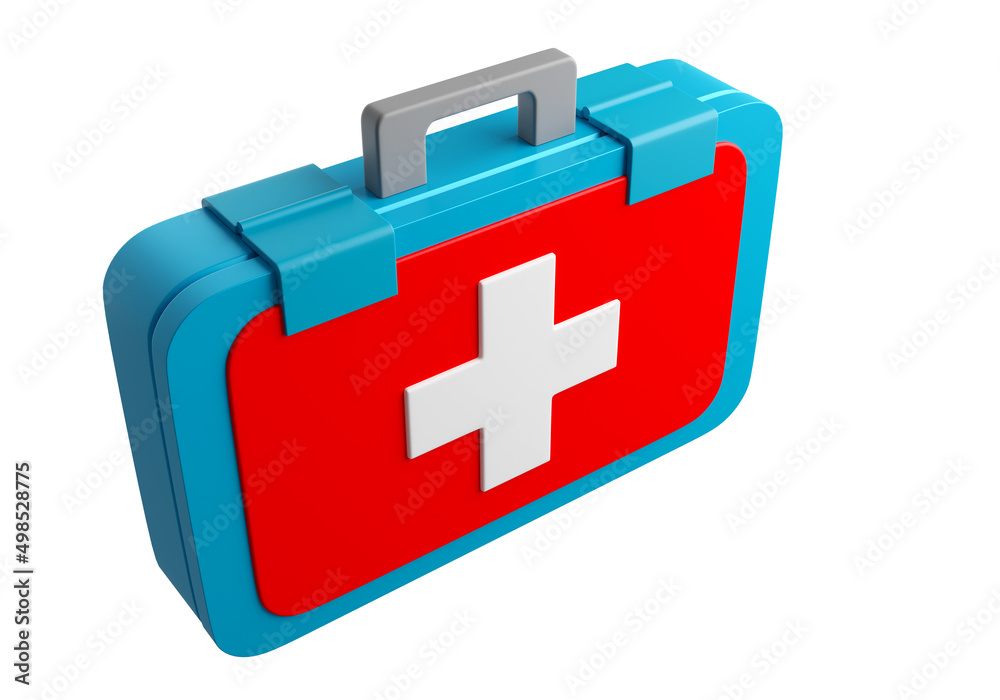 Suitcase of medical worker. Suitcase with medical cross. Emergency case for medical assistance. Ambulance doctor's suitcase. Closed bag for medicines on white background. 3d rendering. Suitcase of medical worker. Suitcase with medical cross. Emergency case for medical assistance. Ambulance doctor's suitcase. Closed bag for medicines on white background. 3d rendering.