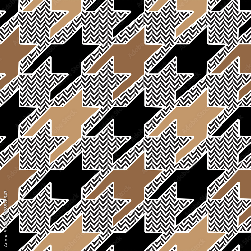 Brown and black houndstooth pattern on chevron background. Trendy fabric swatch design.