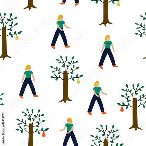 Hand-drawn spring or summer seamless pattern for wallpaper, wall mural. Cute girls in the pear garden. Stylish retro pattern design. Young girls and pear trees on white background.
