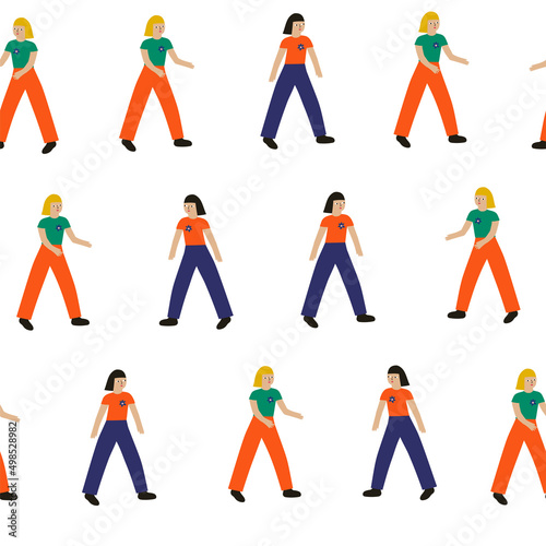 Cute stylish pattern with walking young girls. Modern woman hand-drawn design for textile, wallpaper, design paper ect.