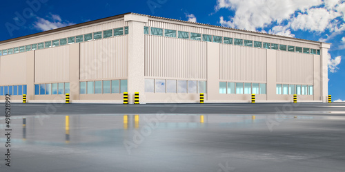 Warehouse building facade. Concrete parking in front of building. Low-rise buildings of logistics center. Warehouse construction on summer day. Concept of buying and renting warehouse space. 3d image