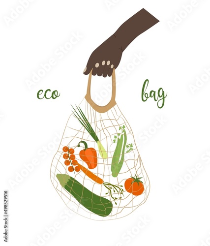 zero waste concept. a shopping bag with healthy food products is depicted. hand holding eco bag