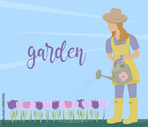 vector illustration on the theme of the garden. a girl with a watering can waters flowers. applicable to slides, cover, poster or your other project