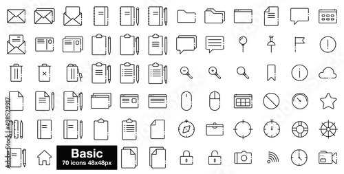 Basic 48x48px line icons. 70 vector pictograms set 
