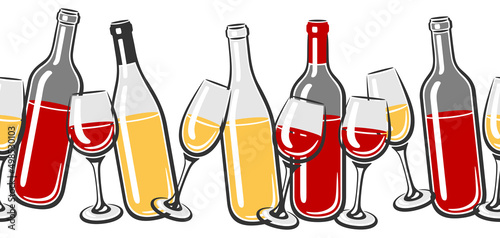 Seamless pattern with bottles and glasses of wine. Image for restaurants and bars.