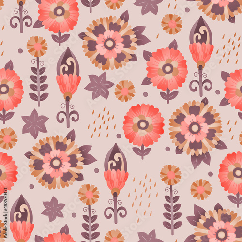 Seamless pattern. Bright background with floral ornaments. Raster illustration for fashion design, packaging, wrapping or scrapbooking. Printing on paper or fabric.