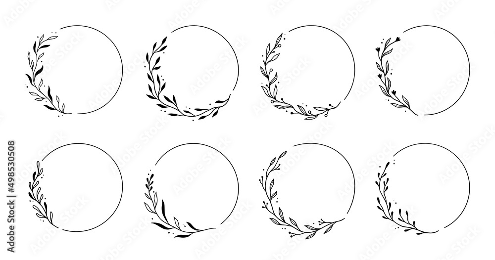 Wreath leaf circle border frame. Hand drawn doodle sketch style. Floral