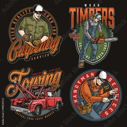 Carpentry and repair service labels set