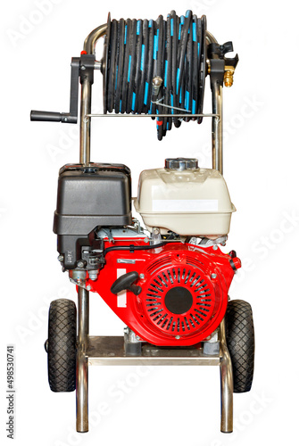 Gasoline engine on a mobile industrial installation for sewer pipeline cleaning.