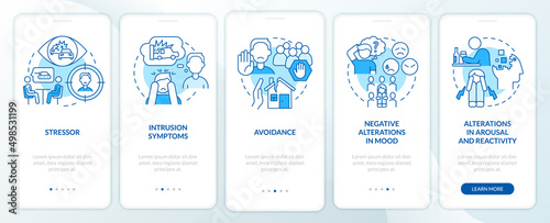 Criteria for PTSD blue onboarding mobile app screen. Problem symptoms walkthrough 5 steps graphic instructions pages with linear concepts. UI, UX, GUI template. Myriad Pro-Bold, Regular fonts used