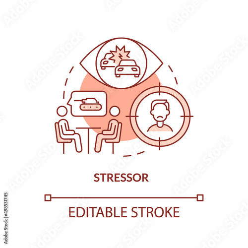 Stressor terracotta concept icon. Witness of traumatic event. Criteria for PTSD abstract idea thin line illustration. Isolated outline drawing. Editable stroke. Arial, Myriad Pro-Bold fonts used