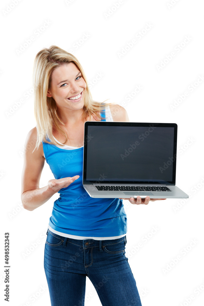 Everything you need is just a click away. Shot of a young woman holding a laptop against a white background. Everything you need is just a click away. Shot of a young woman holding a laptop against a white background.
