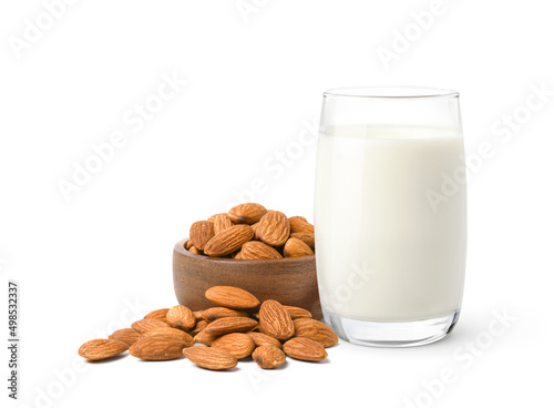 Almond milk with almond nuts isolated on white background.