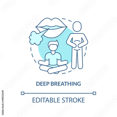 Deep breathing turquoise concept icon. Breathe for relax. PSTD coping strategy abstract idea thin line illustration. Isolated outline drawing. Editable stroke. Arial, Myriad Pro-Bold fonts used