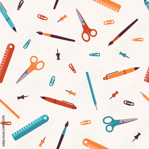Stationery flat vector seamless pattern. Illustration of a ballpoint pen, scissors, pencils, paper clips. School cartoon background. Vector illustration.