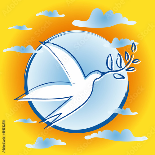 Oiseau Colombe avec branche d'olivier - Symbole de paix - Cercle bleu Fond Orange - Nuages ​​et couleurs vibrantes Coucher de Soleil