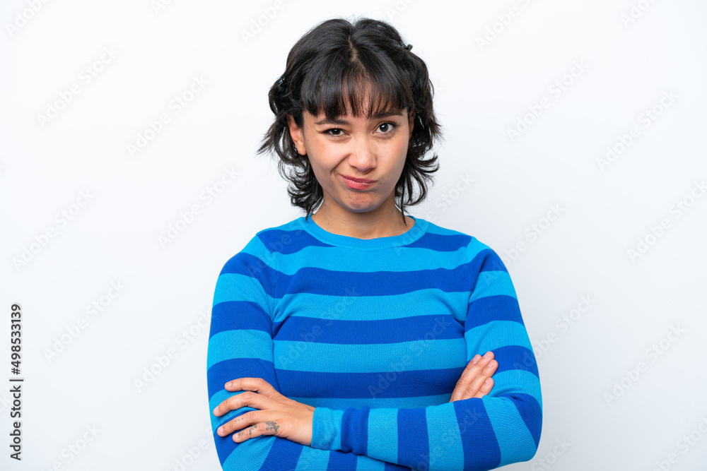 Young Argentinian woman isolated on white background with unhappy expression Young Argentinian woman isolated on white background with unhappy expression