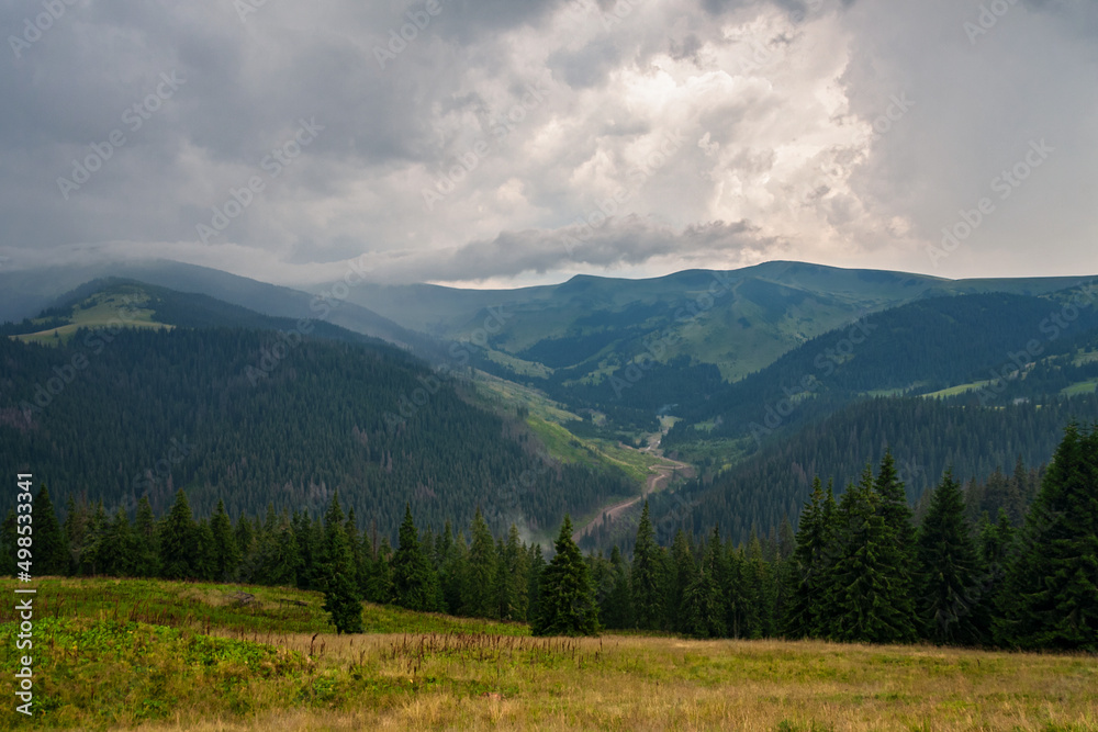 Mountain peaks overlooking the valley and the forest, in cloudy weather. Ukraine, Carpathians