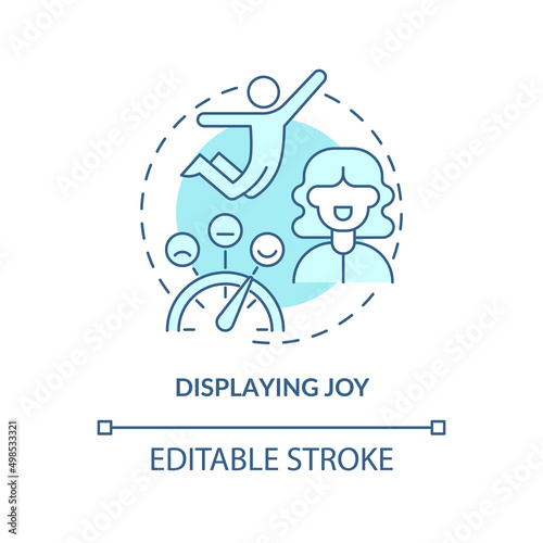 Displaying joy turquoise concept icon. Showing pleasure. Charismatic people traits abstract idea thin line illustration. Isolated outline drawing. Editable stroke. Arial, Myriad Pro-Bold fonts used