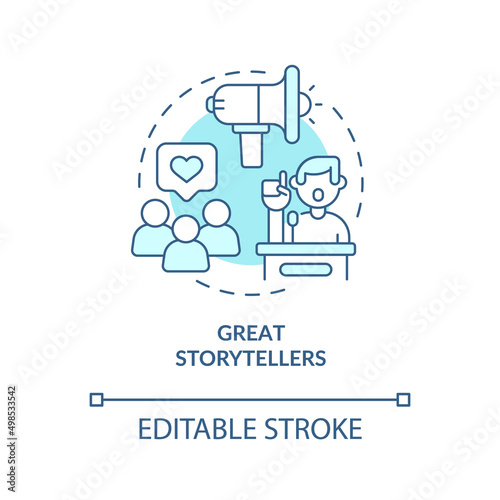 Great storytellers turquoise concept icon. Charismatic people characteristic abstract idea thin line illustration. Isolated outline drawing. Editable stroke. Arial, Myriad Pro-Bold fonts used