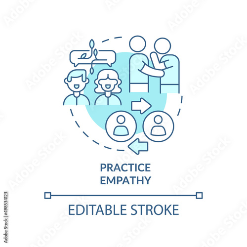 Practice empathy turquoise concept icon. Share feelings, emotions. Step to charisma abstract idea thin line illustration. Isolated outline drawing. Editable stroke. Arial, Myriad Pro-Bold fonts used