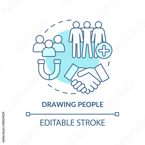 Drawing people turquoise concept icon. Making friends easily. Charisma benefit abstract idea thin line illustration. Isolated outline drawing. Editable stroke. Arial, Myriad Pro-Bold fonts used