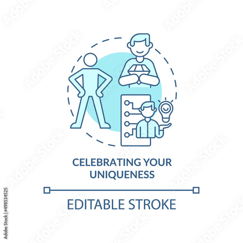 Celebrating your uniqueness turquoise concept icon. Charisma benefit abstract idea thin line illustration. Isolated outline drawing. Editable stroke. Arial, Myriad Pro-Bold fonts used