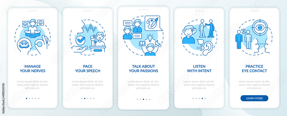 Steps to charisma blue onboarding mobile app screen. Charismatic person walkthrough 5 steps graphic instructions pages with linear concepts. UI, UX, GUI template. Myriad Pro-Bold, Regular fonts used