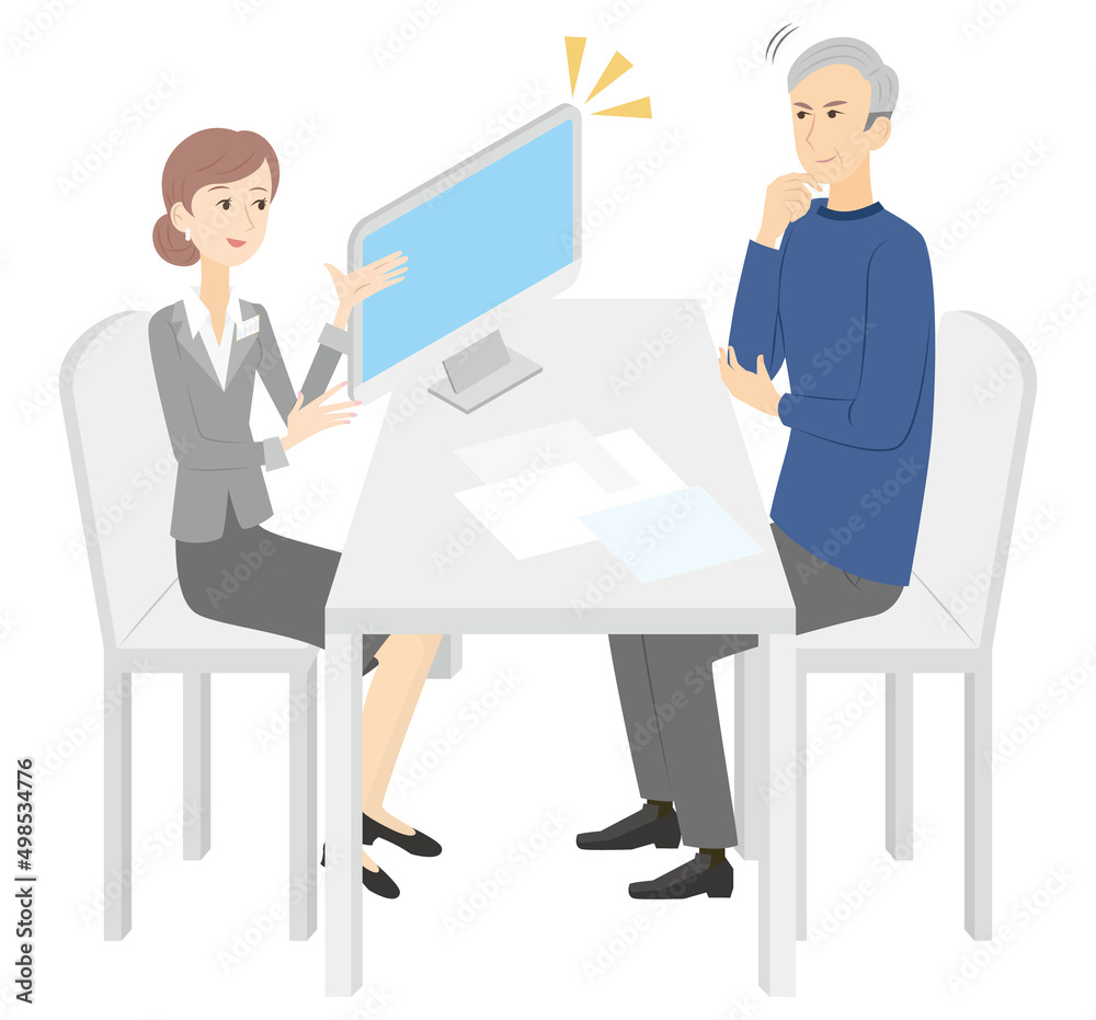 人材紹介会社に行き、定年後に仕事の斡旋を受けるシニア男性 人材紹介会社に行き、定年後に仕事の斡旋を受けるシニア男性