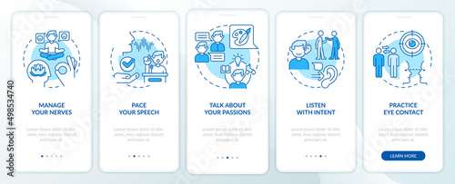 Steps to charisma blue onboarding mobile app screen. Charismatic person walkthrough 5 steps graphic instructions pages with linear concepts. UI, UX, GUI template. Myriad Pro-Bold, Regular fonts used