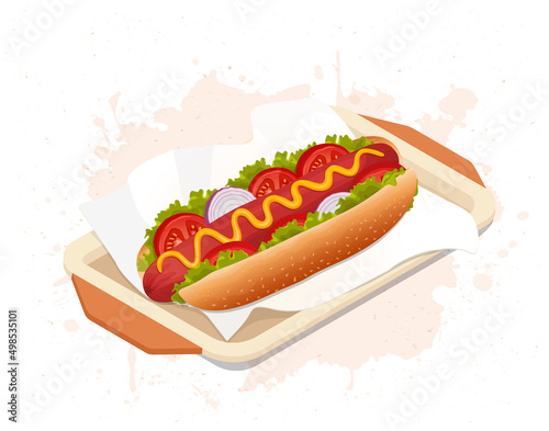 Hot Dog Vector illustration with paper wrap and wooden tray