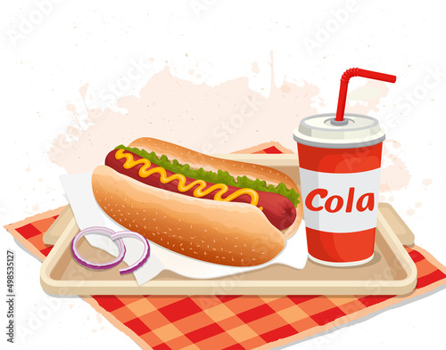 Vector illustration of a Hot Dog food with Cold drinks pepper glass