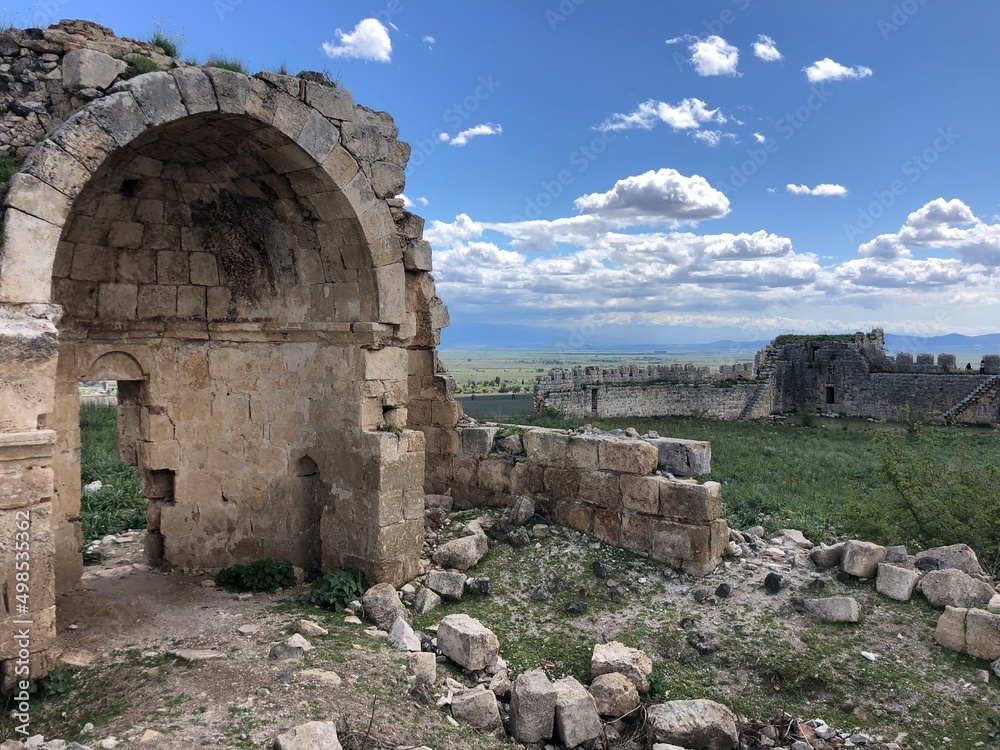 Panoramic view of chapel ruins in Anavarza Ancient City. Kozan, Dilekkaya, Adana, Turkey.