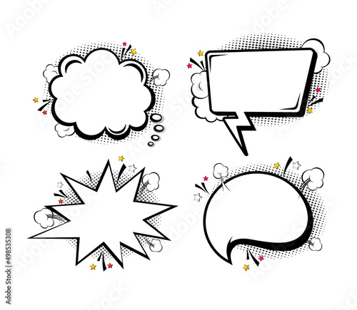 Comic empty speech bubbles on halftone dots background in retro pop art style. Vector illustration