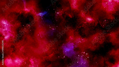 abstract night sky space watercolor background with stars. watercolor dark red pink nebula universe. watercolor hand drawn illustration. Pink watercolor ombre leaks and splashes texture.	

