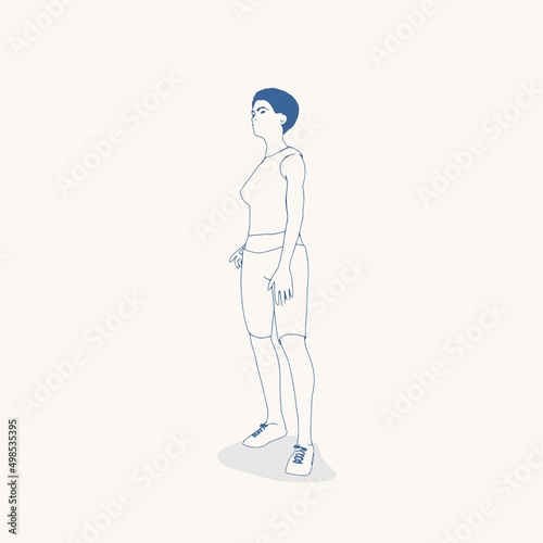 Standing woman. Sport girl illustration. Casual sportwear - t-shirt, breeches and sneakers. Young woman wearing workout clothes. Sport fashion girl outline in urban casual style.