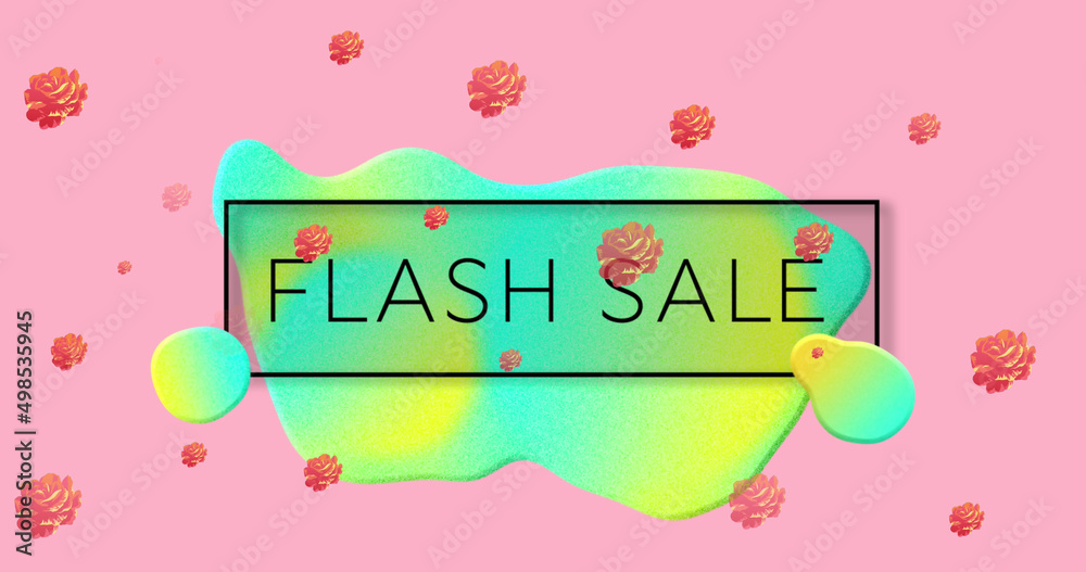 Image of flash sale text in black,over blue and yellow blob with red roses on pink background