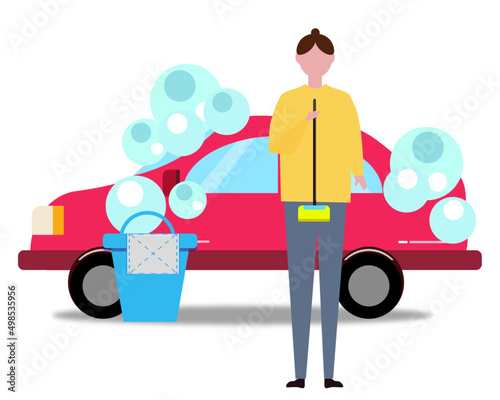 洗車する女性 人物と車 ベクターイラスト