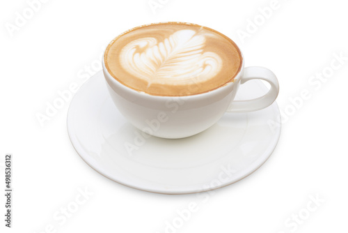Latte coffee in white coffee cup with plate and spoon on white background with clipping path